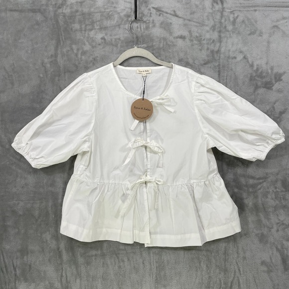 Aaron & Amber Tops - NEW Aaron & Amber Tie Front‎ Peplum Blouse Size Large Cotton Coquette Girly NWT